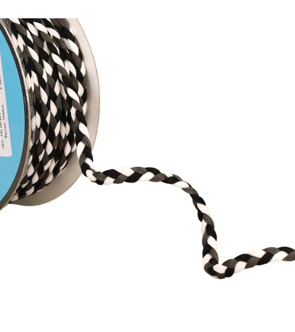 Bobina da 25 m di treccia tricolore 3 capi 7 mm nero bianco