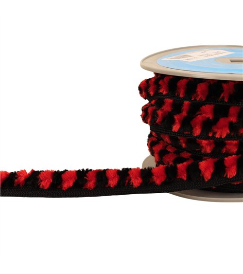 Bobine 20m galon pompons chenille 17mm rouge noir
