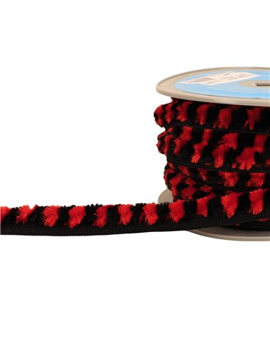 Bobine 20m galon pompons chenille 17mm rouge noir