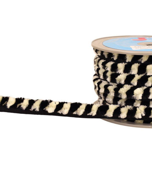 20-m-Spule aus Chenille-Pompomzopf, 17 mm, Ecru/Schwarz