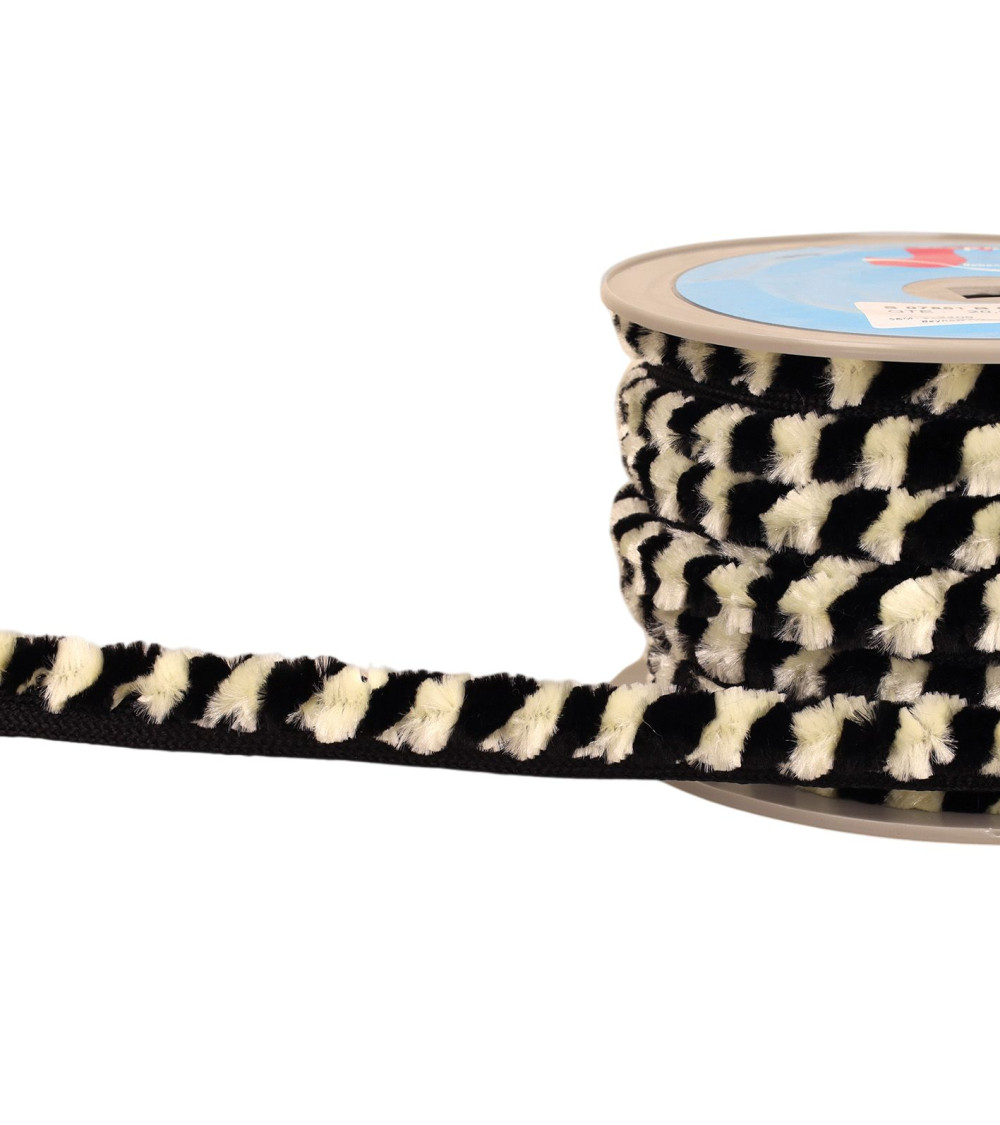 Bobina da 20 m di treccia con pompon in ciniglia da 17 mm ecru/nero