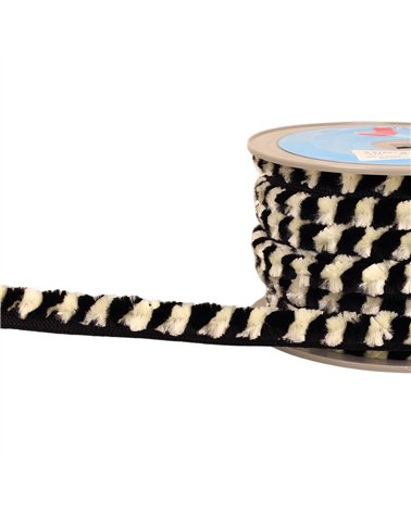 Bobine 20m galon pompons chenille 17mm écru/noir