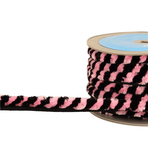 Bobine 20m galon pompons chenille 17mm noir/rose