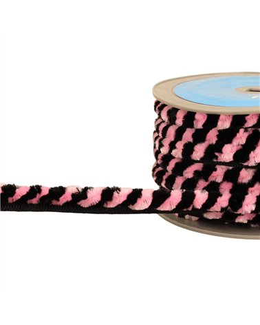 Bobine 20m galon pompons chenille 17mm noir/rose