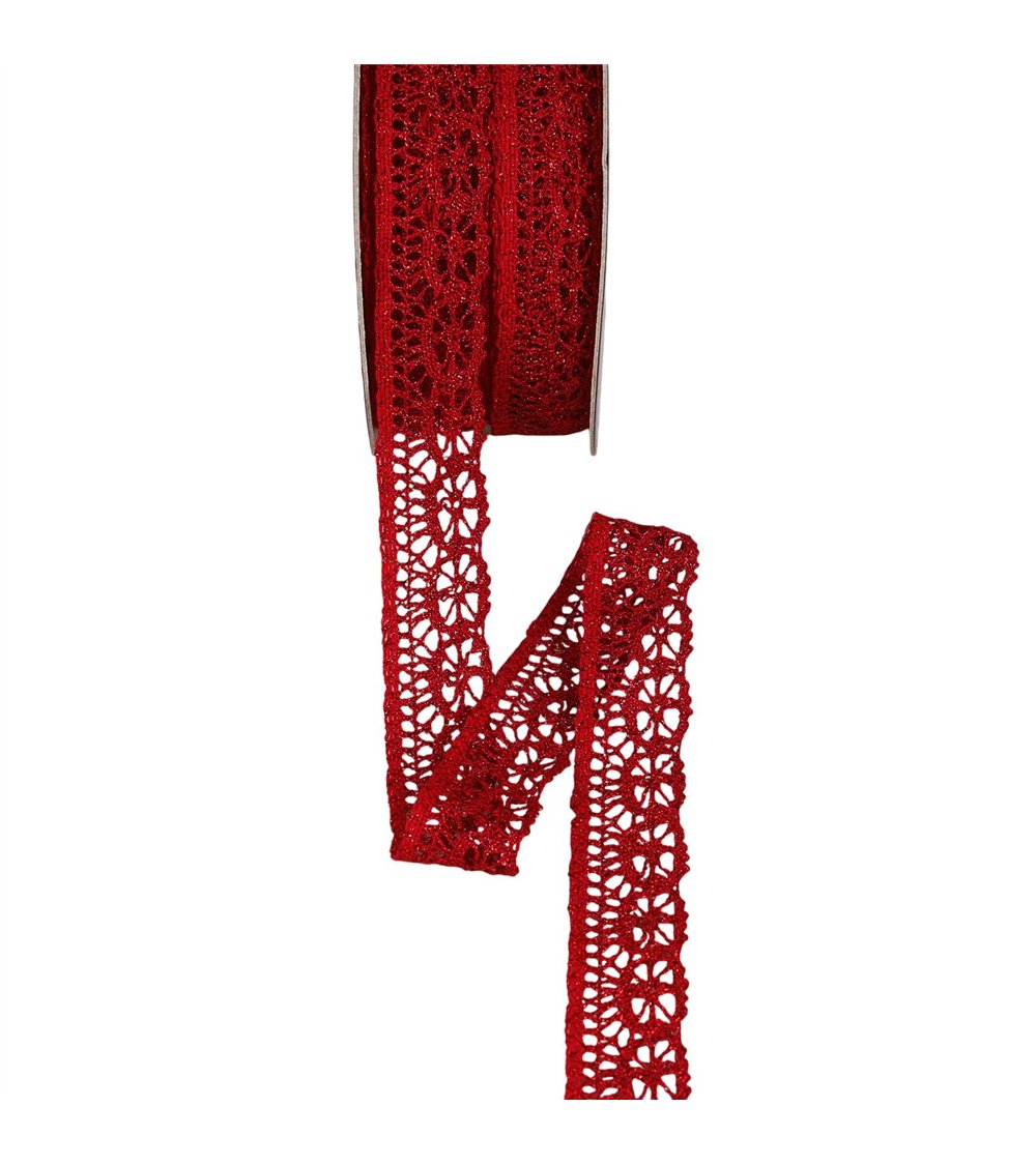 Bobine 25m dentelle métallique 23mm rouge