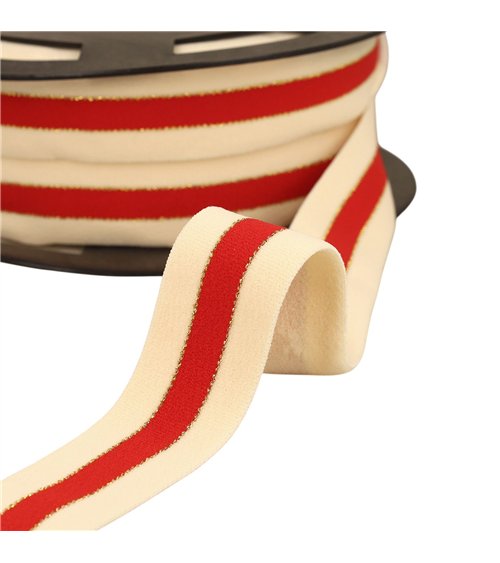 Bobine 20m élastique bicolore lisières or et argent 32mm écru/rouge/or