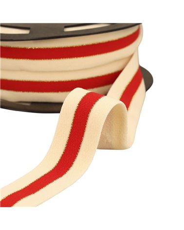 Bobine 20m élastique bicolore lisières or et argent 32mm écru/rouge/or