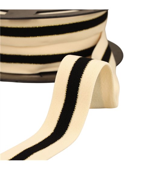 Bobine 20m élastique bicolore lisières or et argent 32mm écru/noir/or