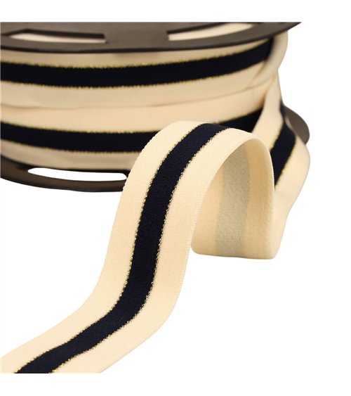 Bobine 20m élastique bicolore lisières or et argent 32mm écru/marine/or
