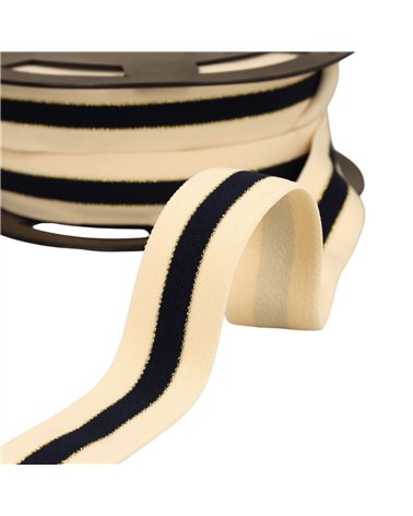Bobine 20m élastique bicolore lisières or et argent 32mm écru/marine/or