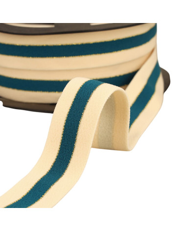Bobina de 20m de elástico bicolor bordes dorado y plateado 32mm crudo/azul pato/oro