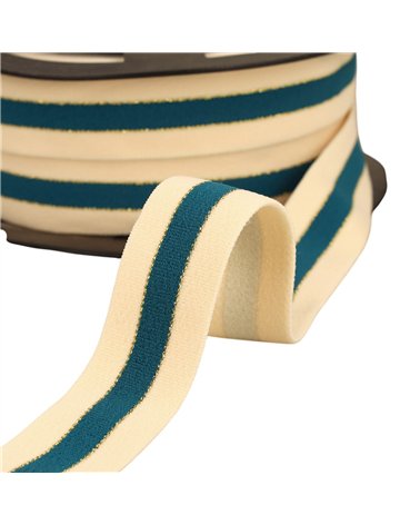 Bobine 20m élastique bicolore lisières or et argent 32mm écru/bleu canard/or