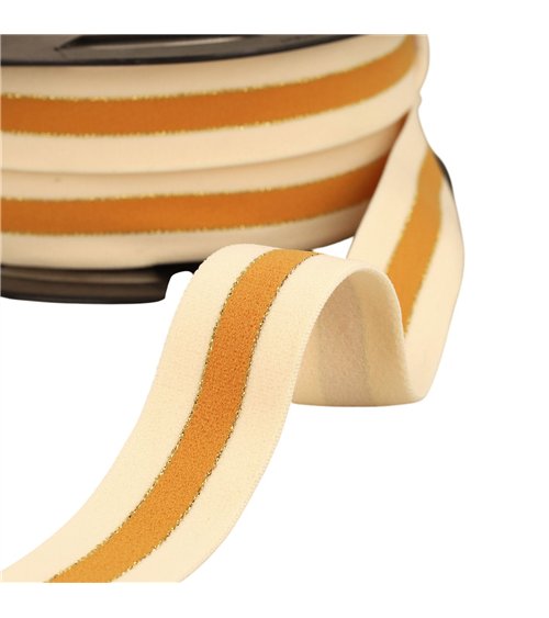 Bobine 20m élastique bicolore lisières or et argent 32mm écru/moutarde/or