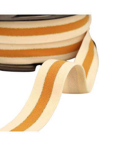 Bobina de 20m de elástico bicolor bordes dorado y plateado 32mm crudo/mostaza/oro