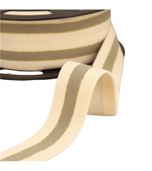 Bobine 20m élastique bicolore lisières or et argent 32mm écru/beige/or