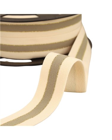 Bobine 20m élastique bicolore lisières or et argent 32mm écru/beige/or