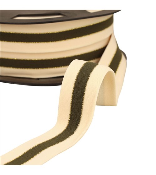 Bobine 20m élastique bicolore lisières or et argent 32mm écru/kaki/or