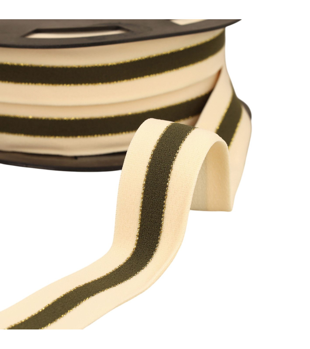 Bobina de 20m de elástico bicolor bordes dorado y plateado 32mm crudo/caqui/oro