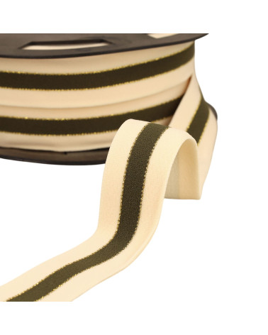 20m spool of elastic two-tone gold and silver edges 32mm ecru/khaki/gold