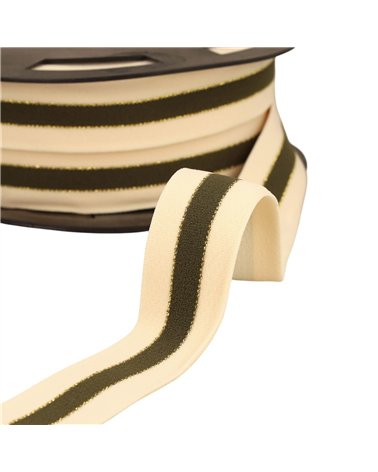 Bobine 20m élastique bicolore lisières or et argent 32mm écru/kaki/or