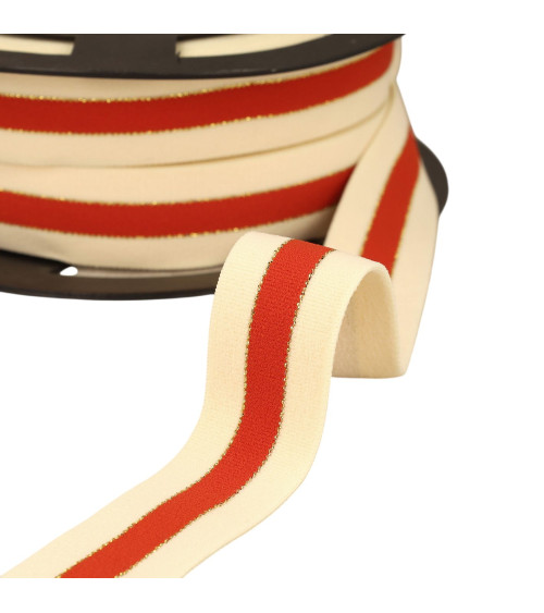 Bobina da 20 m di elastici bicolore bordi oro e argento 32 mm ecru/bordeaux/oro