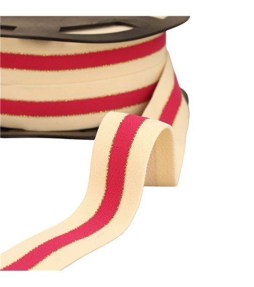 Bobine 20m élastique bicolore lisières or et argent 32mm écru/fuchsia/or