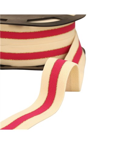 Bobine 20m élastique bicolore lisières or et argent 32mm écru/fuchsia/or