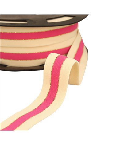 Bobine 20m élastique bicolore lisières or et argent 32mm écru/rose/or
