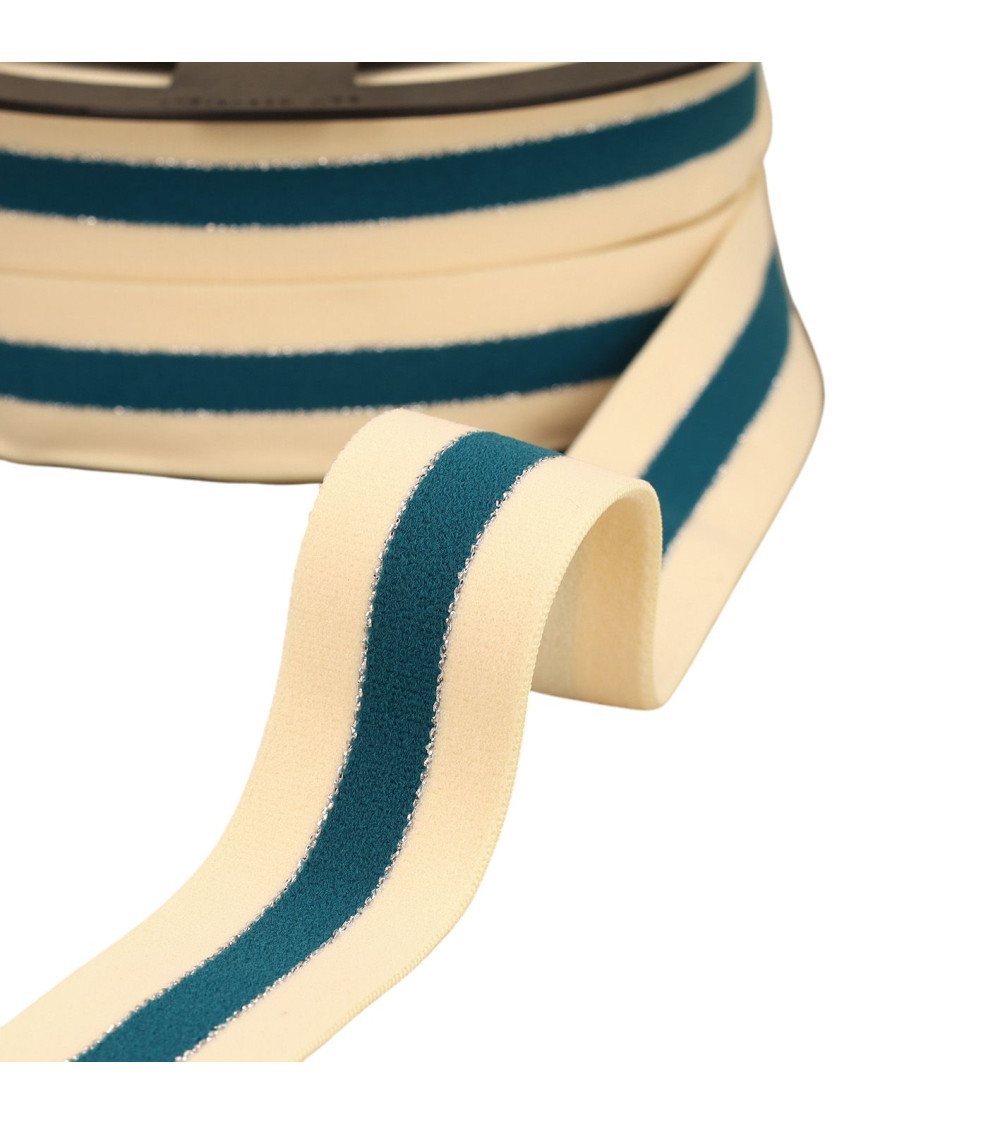 20m spool of elastic two-tone gold and silver edges 32mm ecru/duck/silver