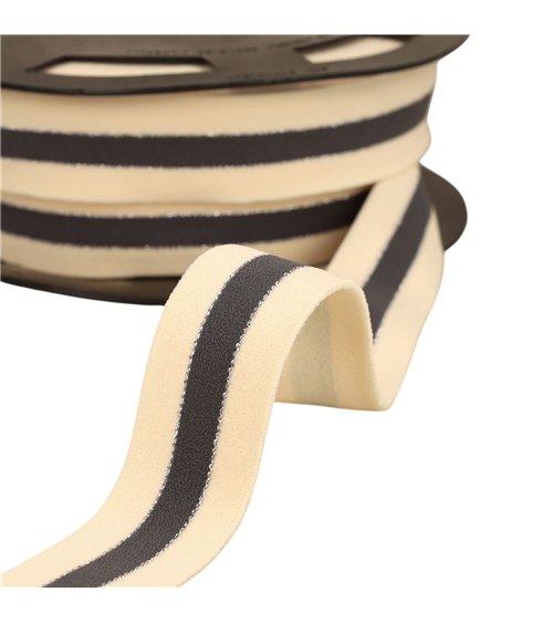 Bobine 20m élastique bicolore lisières or et argent 32mm écru/gris/argent