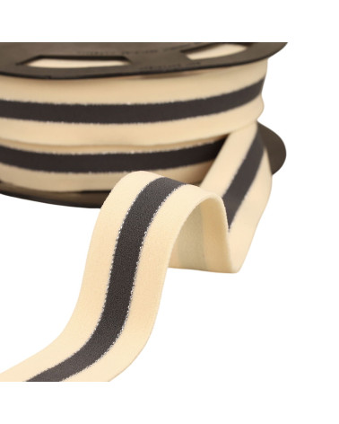 Bobina de 20m de elástico bicolor bordes oro y plata 32mm crudo/gris/plata