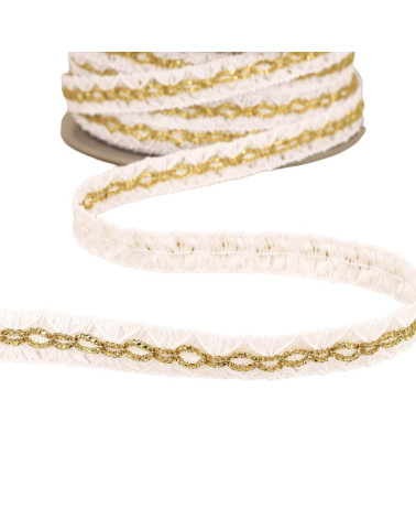 Bobina de 25m de trenza de diamantes con costura dorada 18mm blanco