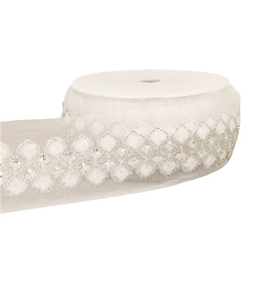 Galon brodé paillettes 75mm blanc au mètre