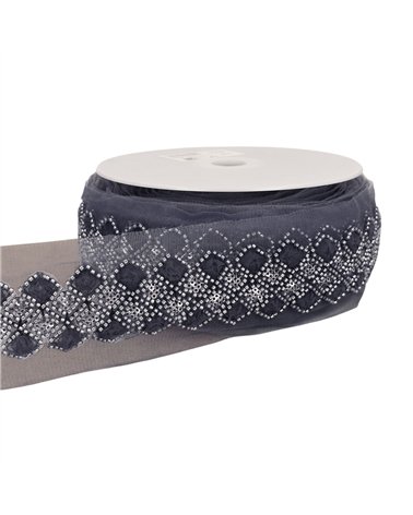 Galon brodé paillettes 75mm bleu marine au mètre