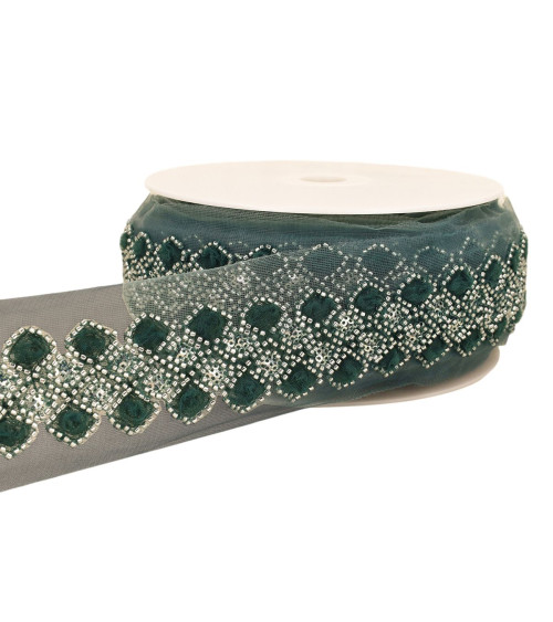 Mit Pailletten bestickter Zopf, 75 mm, Entenblau, Meterware