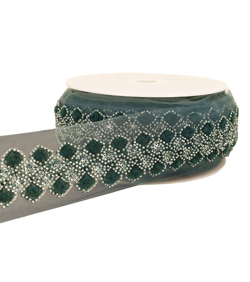 Treccia ricamata con paillettes 75 mm blu anatra al metro