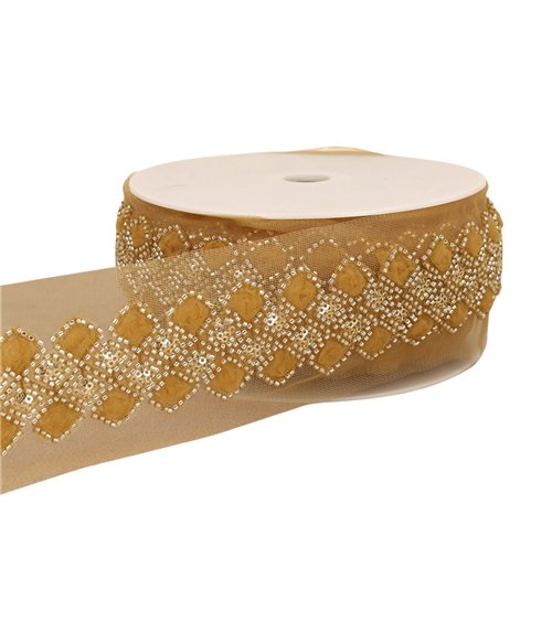 Galon brodé paillettes 75mm moutarde au mètre