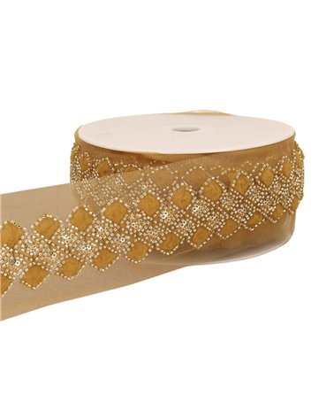 Galon brodé paillettes 75mm moutarde au mètre