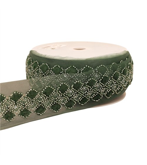 Galon brodé paillettes 75mm vert kaki au mètre