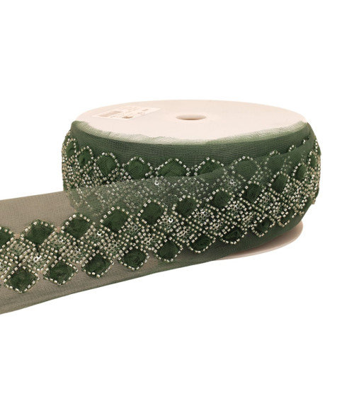 Treccia ricamata con paillettes da 75 mm verde kaki al metro