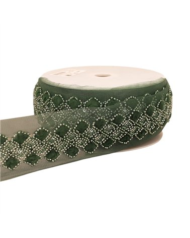 Galon brodé paillettes 75mm vert kaki au mètre