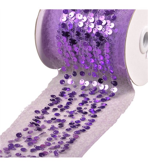 Galon brodé paillettes 95mm violet au mètre