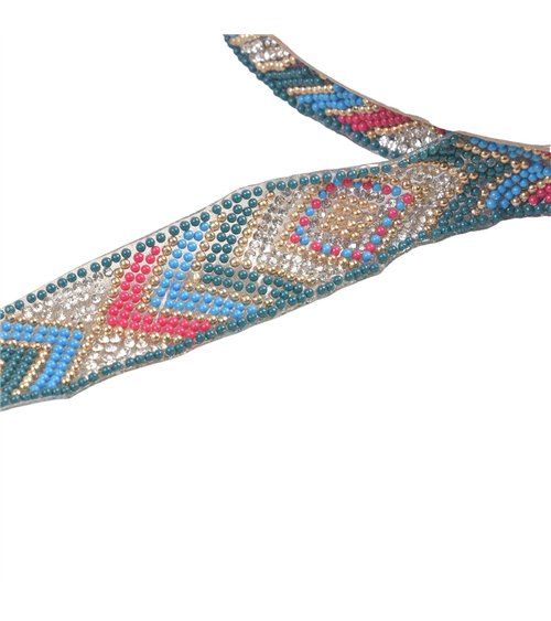 Galon perles ethnique thermocollant 25mm bleu roi au mètre