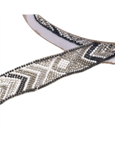 Galon perles ethnique thermocollant 25mm gris clair au mètre