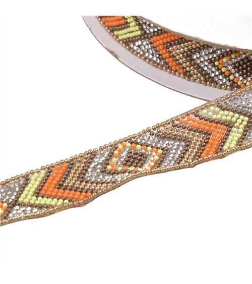 Galon perles ethnique thermocollant 25mm orange au mètre
