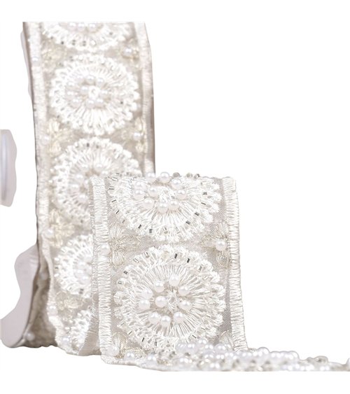 Galon brodé perles et paillettes 50mm écru au mètre