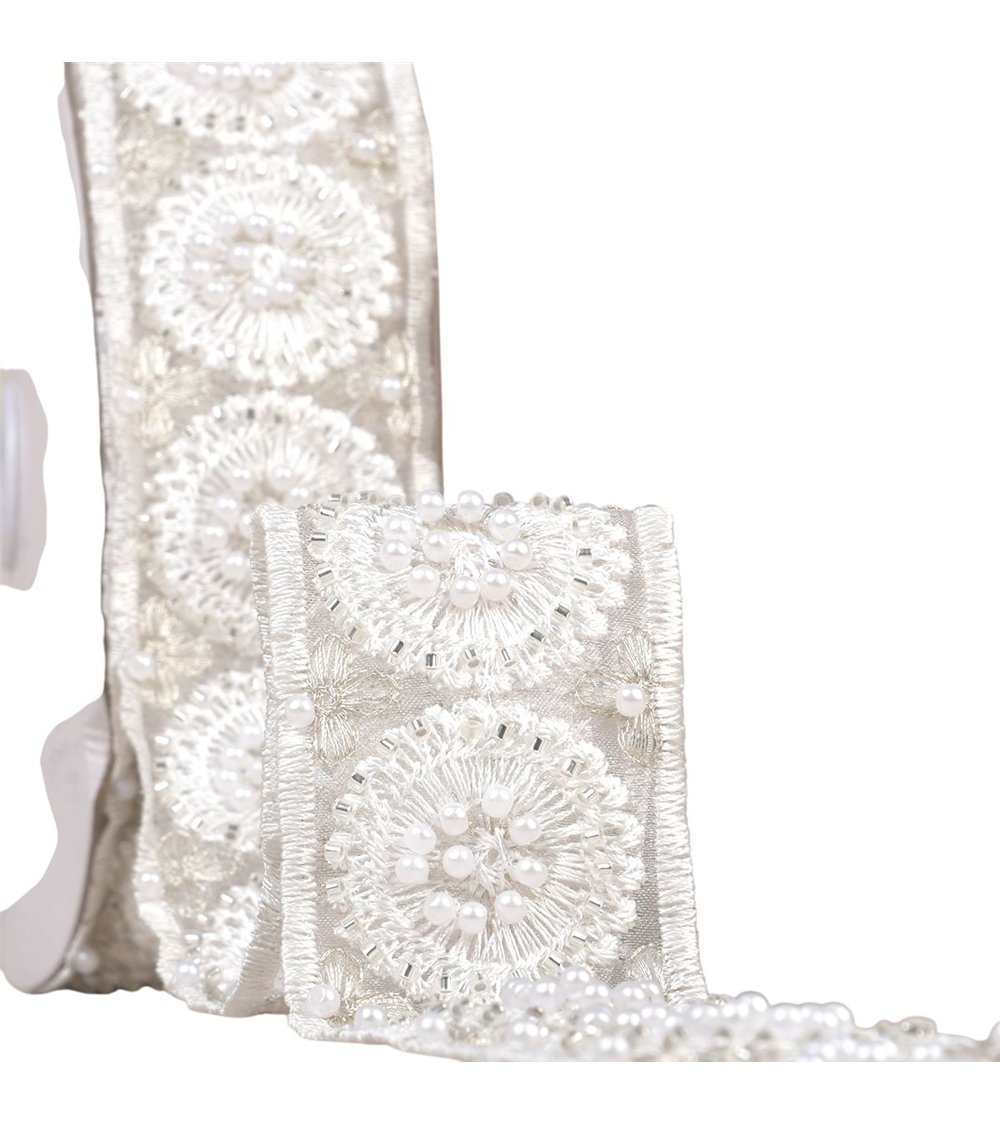 Galon brodé perles et paillettes 50mm écru au mètre