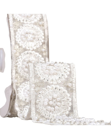 Beaded and sequin embroidered braid 50mm ecru by the meter