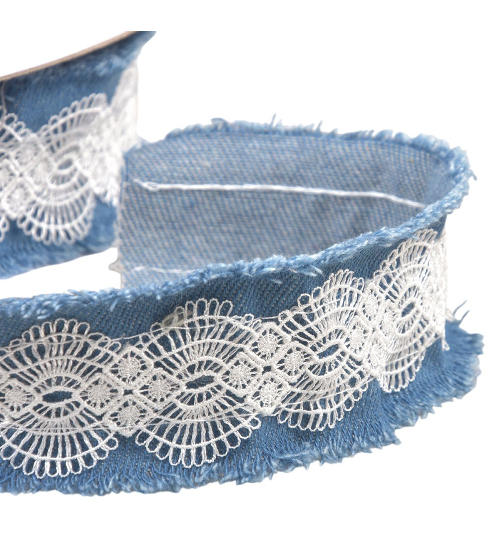 Embroidered denim braid 40mm lavender blue by the meter