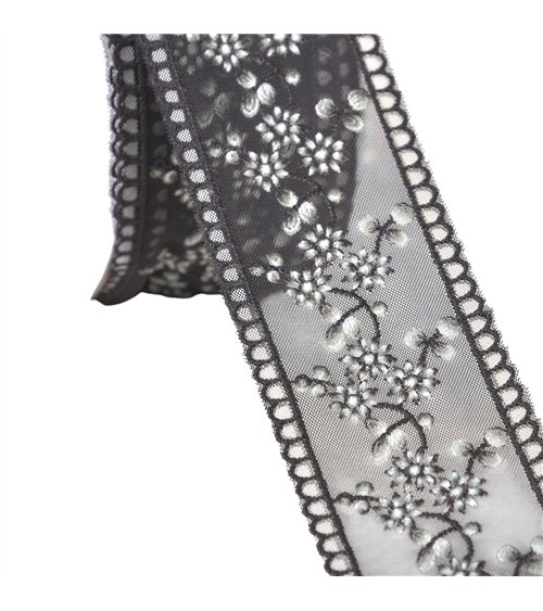 Galon brodé fleurs 45mm noir au mètre